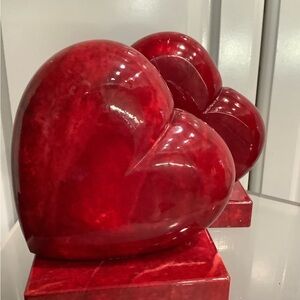 1950’s Italian Made Alabaster Carved Red Heart Sculpture Bookends Set